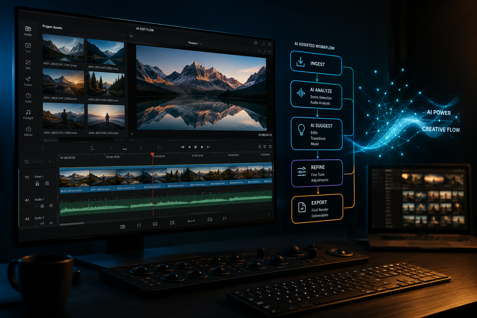 Flujo de edición de video asistido por IA: ingesta, análisis, sugerencias, ajuste fino y exportación