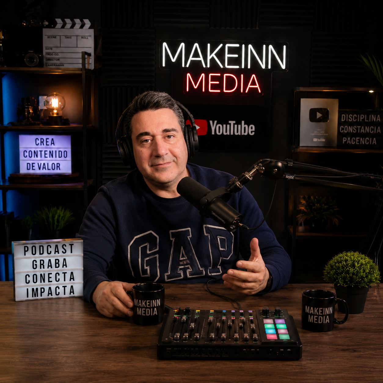 Grabación de podcast en MAKEINN MEDIA: host con audífonos frente a micrófono y mesa de mezclas