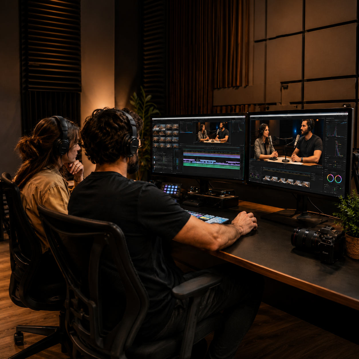 Equipo de MAKEINN MEDIA editando un vodcast en sala de postproducción con monitores profesionales