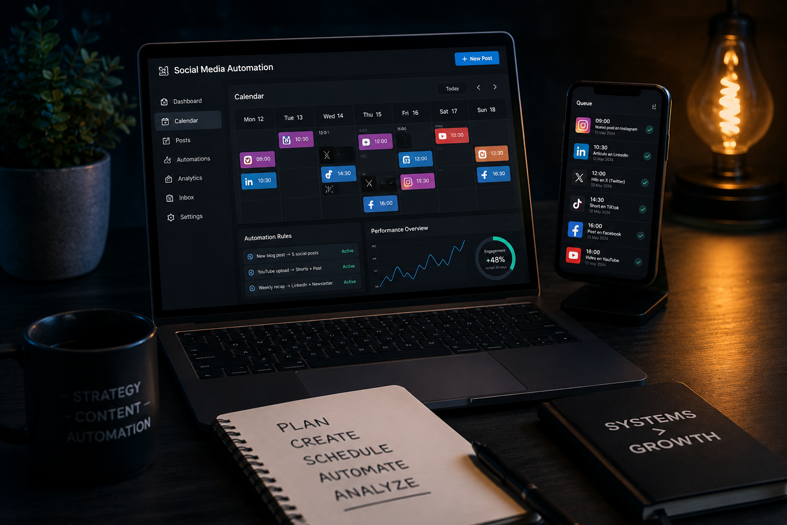 Dashboard de automatización de redes sociales: calendario de publicaciones, reglas de automatización y métricas de rendimiento