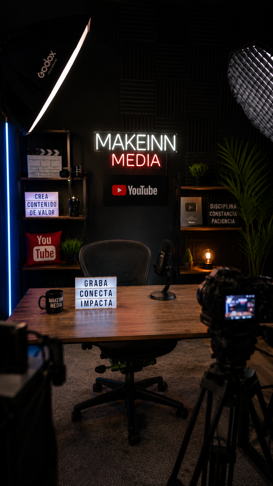 Set de grabación de MAKEINN MEDIA: estudio de YouTube con iluminación profesional, micrófono y cámara